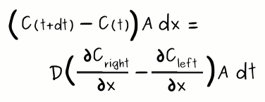 ((-D dCleft/dx) - (-D dCright/dx)) A dt = (C(x,t+dt) - C(x,t)) A dx